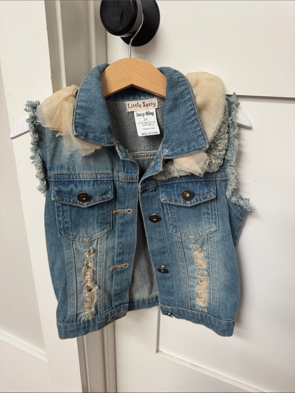 Little Sassy Girls' Blue Denim Vest with Tulle Trim